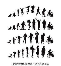 Set of vector silhouette of people in different age on white background. Symbol of generation from child to old person.