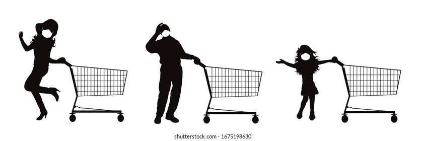 Set of vector silhouette of people push shopping cart with medical mask on white background. Symbol of shop accessories and healthy protection.