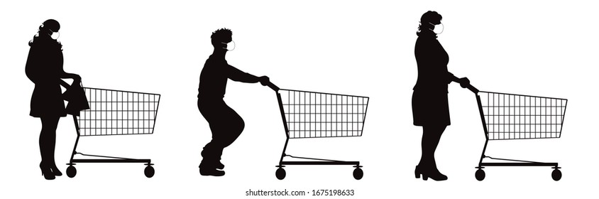 Set of vector silhouette of people push shopping cart with medical mask on white background. Symbol of shop accessories and healthy protection.