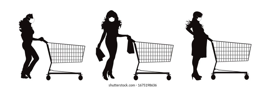 Conjunto de silueta vectorial de personas empujan carro de compras con máscara médica sobre fondo blanco. Símbolo de accesorios de tienda y protección saludable.