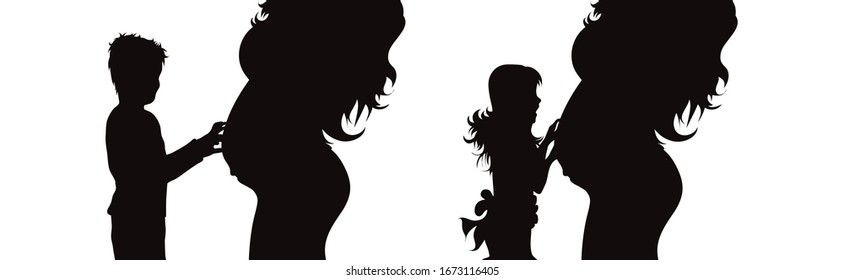 Set of vector silhouette of pregnant woman with her children on white background. Symbol of maternity and family.