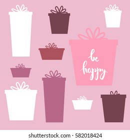 Set of vector silhouette presents on pink with some text