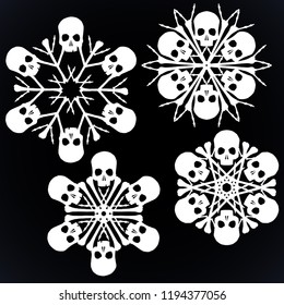 Set of vector silhouette snowflakes made of skulls and bones in white isolated over black background.