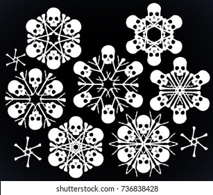 Set of vector silhouette snowflakes made of skulls and bones in white isolated over black background.