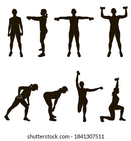 Set of vector silhouette of sportive woman working out with dumbbells. Girl doing fitness exercises with weights for muscles of arms and legs. Fintess icons.