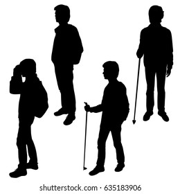 Set vector silhouette of a teenager with a backpack, stick, binoculars, standing, black color, isolated on white background