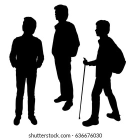 Set vector silhouette of a teenager with a backpack, stick, standing, black color, isolated on white background