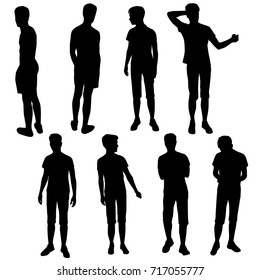 Set vector silhouette teenager, standing, black color, isolated on white background