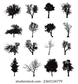 Set of vector silhouette of trees on white background. Symbol of season forest and nature.