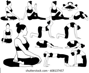 Set of vector silhouette of woman in costume practicing yoga. Icons of slim girl in different yoga poses. 