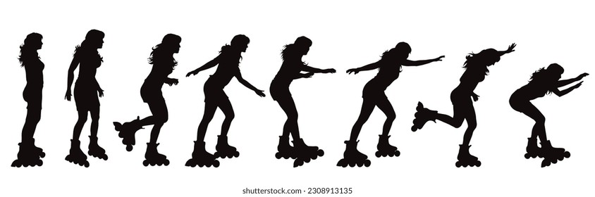 Set of vector silhouette of woman on roller skates on white background. Symbol of sport.
