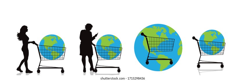 Conjunto de silueta vectorial de mujeres empujan carro de compras que compra planeta sobre fondo blanco. Símbolo de accesorios de tienda y medio ambiente.