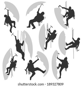 Set of vector silhouettes alpinists (climbers) with ice ax in different poses.