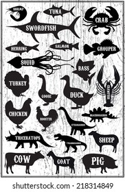 set of vector silhouettes of animals and birds on wood background