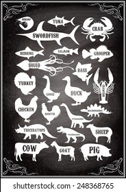 set of vector silhouettes of animals and birds on wood background