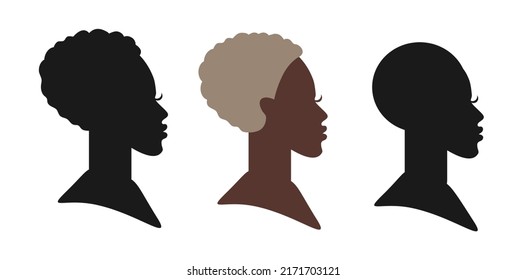 Set of vector silhouettes of beautiful female faces in profile on an isolated background. Head of an African woman in profile with a short haircut . Default avatar profile icon.EPS10.