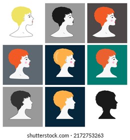 Set of vector silhouettes of beautiful female faces in profile on an isolated background. Fashion illustration.Woman with a short colored haircut . Default avatar profile icon.EPS10.