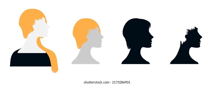 Conjunto de siluetas vectoriales de hermosas caras femeninas en perfil sobre un fondo aislado. Perfil de avatar predeterminado.EPS10.