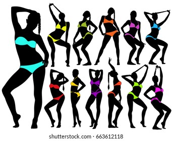 Set of vector silhouettes of beautiful pinup girls standing and dancing in different poses. Icons of sexy woman in colored bikini.
