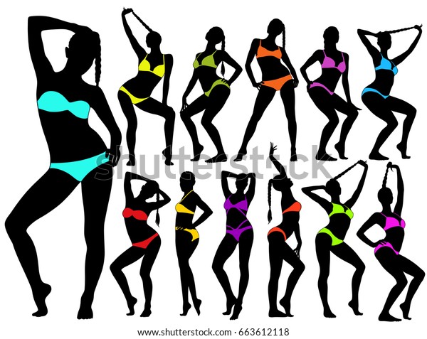 Set Vector Silhouettes Beautiful Pinup Girls Stock Vector