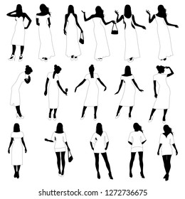 Set of vector silhouettes of beautiful slim girls isolated on white background. Girls in white long dresses with long hair.