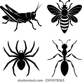 Set of vector silhouettes, bee, grasshopper, ant, spider silhouettes isolated on white background