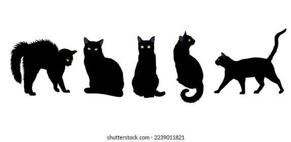 conjunto de siluetas vectoriales de gatos negros con ojos verdes