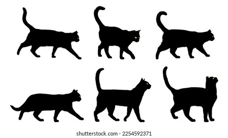 set of vector silhouettes of black cats with green eyes	