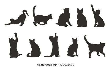 set of vector silhouettes of black cats with different styles and moves