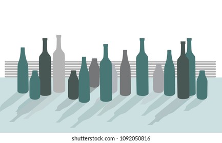 Set of vector silhouettes of bottles on desk with shadows, isolated on white background - flat