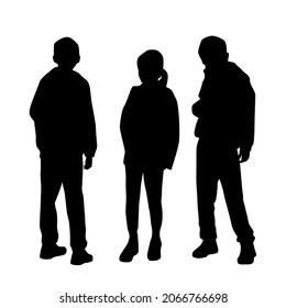 Set of vector silhouettes of  boys and a girl a group of standing teenagers, black color isolated on white background