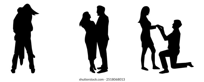 Set of vector silhouettes of bride and groom. propose to a woman. Marry. engagement. ring.