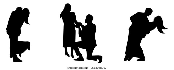 Set of vector silhouettes of bride and groom. propose to a woman. Marry. engagement. ring.