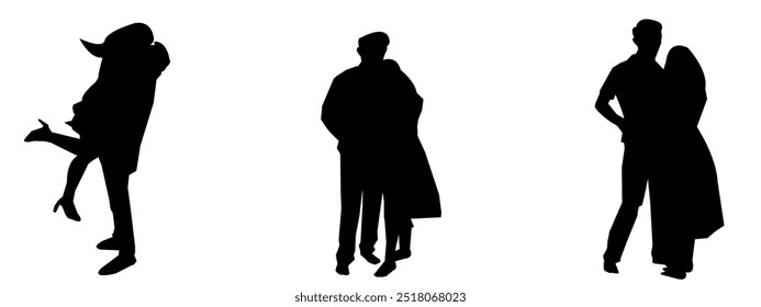 Set of vector silhouettes of bride and groom. propose to a woman. Marry. engagement. ring.