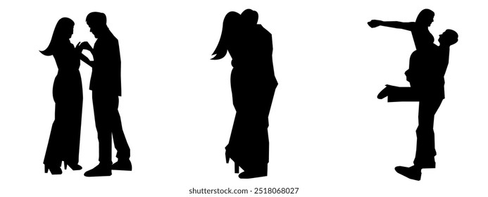 Set of vector silhouettes of bride and groom. propose to a woman. Marry. engagement. ring.