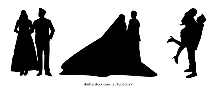 Set of vector silhouettes of bride and groom. propose to a woman. Marry. engagement. ring.