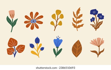 Conjunto de siluetas vectoriales de hojas brillantes y flor original. Aislado sobre un fondo blanco. Dibujar esbozos de hojas. Silhouettes de flora floral. 