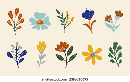 Satz von Vektorsilhouetten aus hellem Laub und origineller Blume. Einzeln auf weißem Hintergrund. Zeichnungen von Blättern. Silhouetten floraler Blumen. 