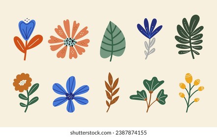 Set of vector silhouettes of bright leaves and original flower. Isolated on a white background. Drawing sketches of leaves. Silhouettes of flower flora. 