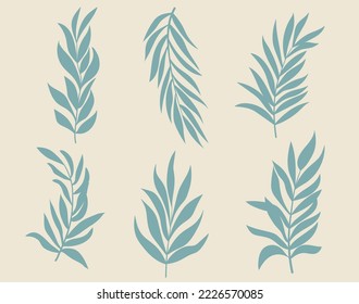 Set of vector silhouettes of bright tropical leaves. Isolated on a white background. Drawing sketches of leaves. Silhouettes of tropical leaves. Tropical palm leaves.