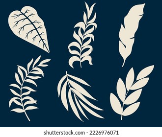 Set of vector silhouettes of bright tropical leaves. Isolated on a white background. Drawing sketches of leaves. Silhouettes of tropical leaves. Tropical palm leaves.