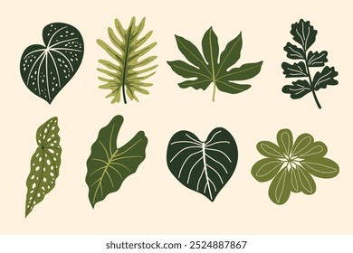 Set of vector silhouettes of bright tropical leaves. Isolated on a white background. Drawing sketches of leaves. Silhouettes of tropical leaves. Tropical palm leaves.	