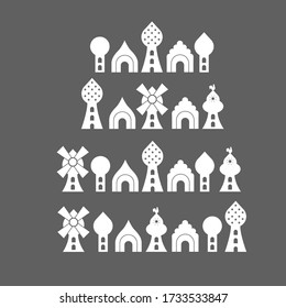 Set of vector silhouettes of buildings architecture: towers with domes, historical castle, mill. Template for logo, site icon, historical and cultural heritage, religious values.