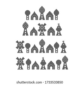 Set of vector silhouettes of buildings architecture: towers with domes, historical castle, mill. 