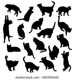 Establecer siluetas vectoriales del gato, diferentes poses, de pie, saltos y sentados, de color negro, aisladas en fondo blanco