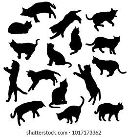 Set vector silhouettes of the cat, different poses, standing, jumping and sitting,  black color, isolated on white background