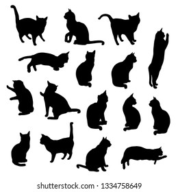 Set vector silhouettes of the cat, different poses, standing, jumping and sitting,  black color, isolated on white background