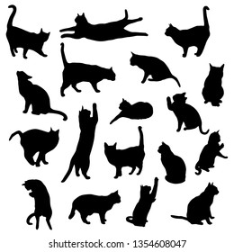 Set vector silhouettes of the cat, different poses, standing, jumping and sitting,  black color, isolated on white background