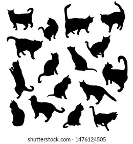 Establecer siluetas vectoriales del gato, diferentes poses, de pie, saltos y sentados, de color negro, aisladas en fondo blanco