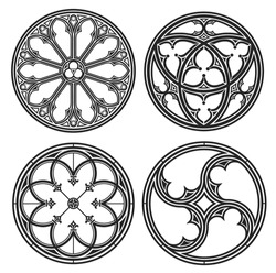 Set Of Vector Silhouettes Of Cathedral Round Gothic Windows. Forging Or Stained Glass.
